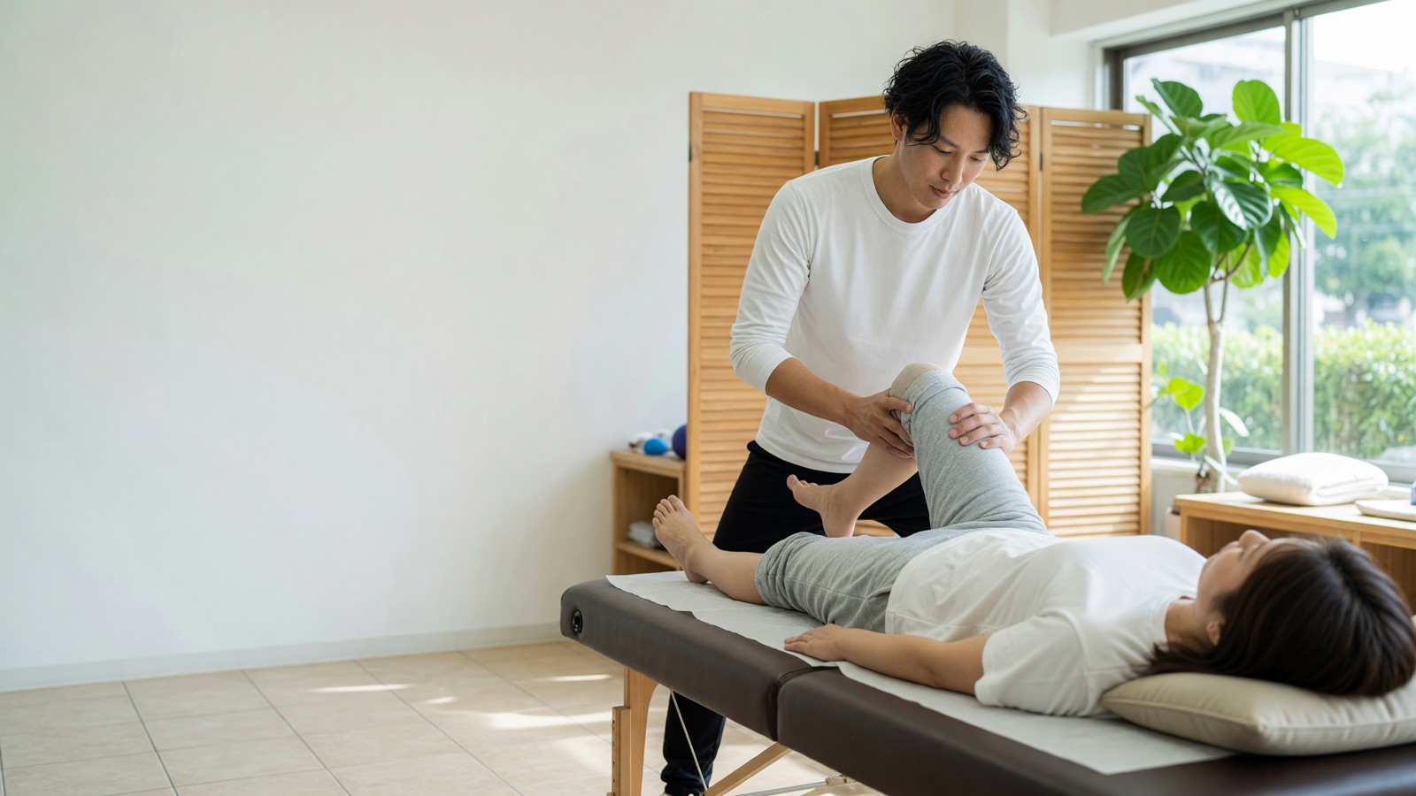 理学療法士が膝と股関節の可動域を確認している様子